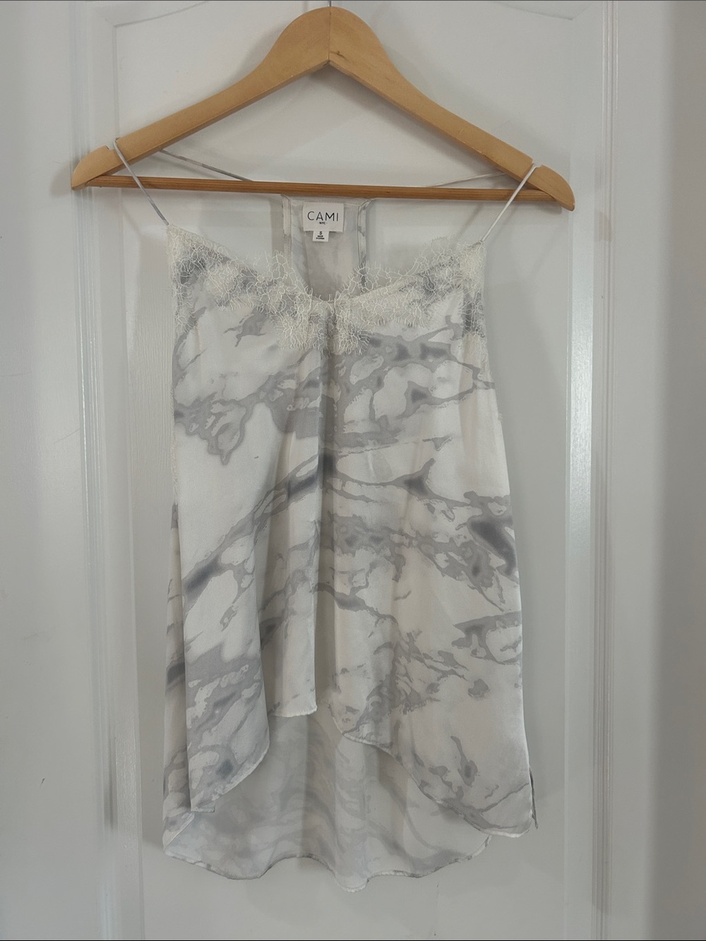 Cami NYC marble print silk camisole with lace trim